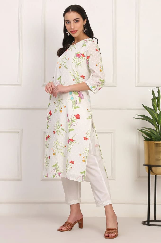 Ecru Floral Printed Straight Pure Cotton Kurta — photo 4