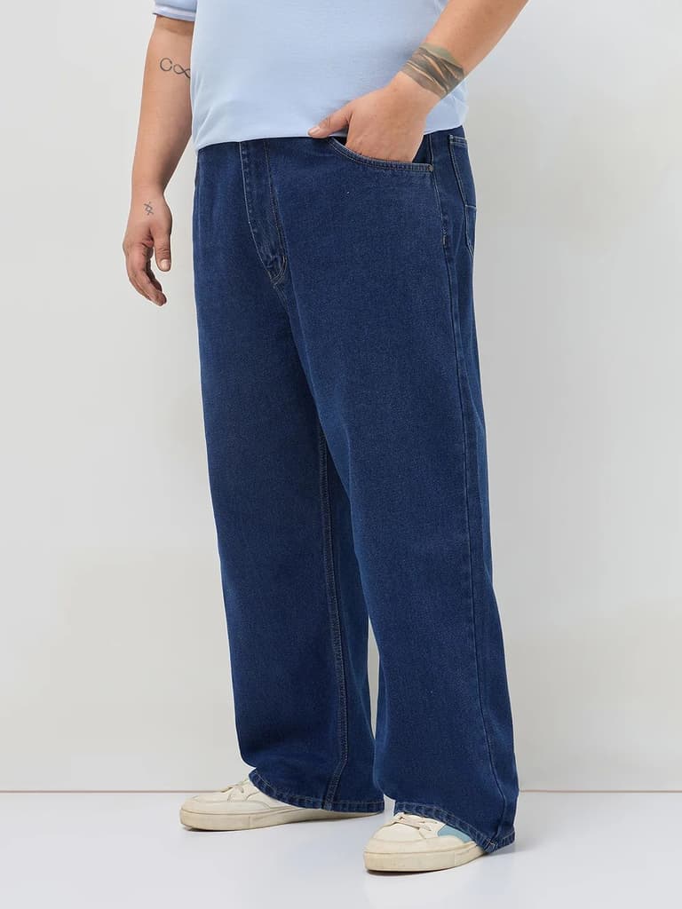 Plus Men's Blue Loose Baggy Fit Raw Washed Denim Jeans Non-Stretchable — photo 2