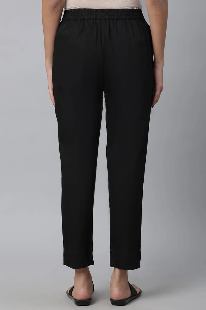 Black Solid Straight Fit Cotton Pants With Elasticated Waist — photo 4