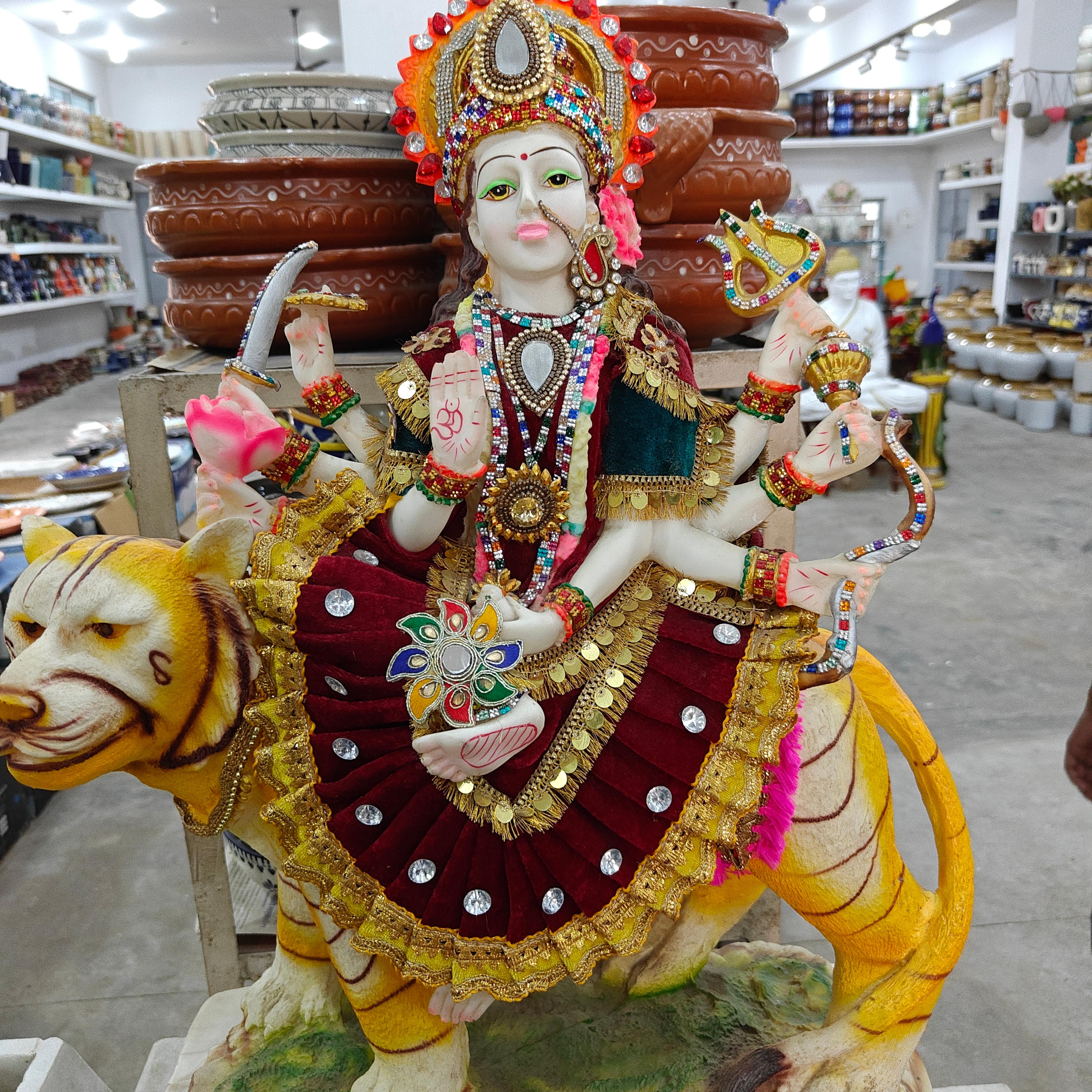 Hindu Goddess Statue | Wooden | Gold | Red