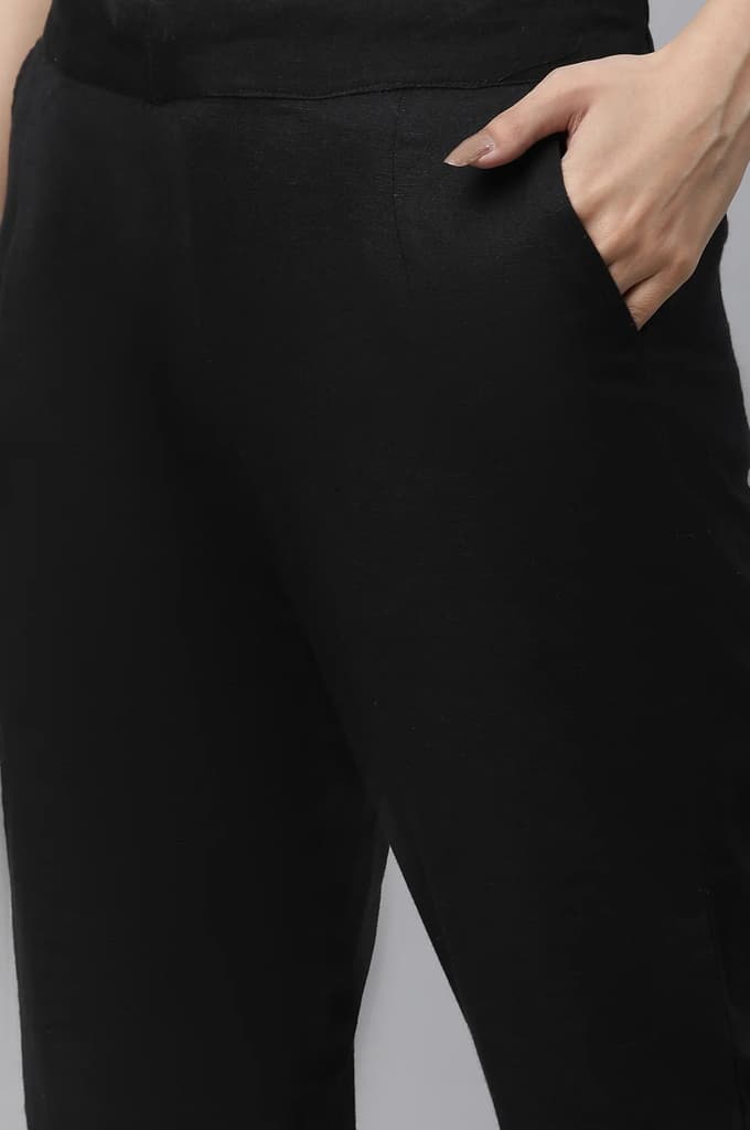 Black Solid Straight Fit Cotton Trousers With Lace Insert — photo 6