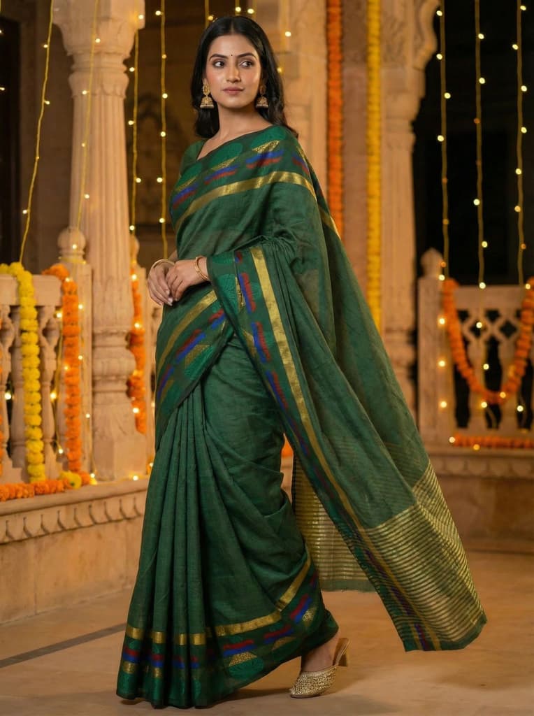 MIMOSA Women's Woven Design Banarasi Style Tussar Silk Saree with Blouse Piece - Green ( SA00003150GRNFREE ) — photo 3