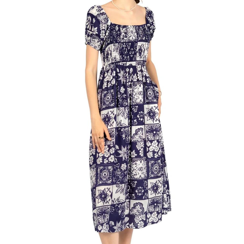 Blue & White Floral Rayon Fit & Flare Midi Dress