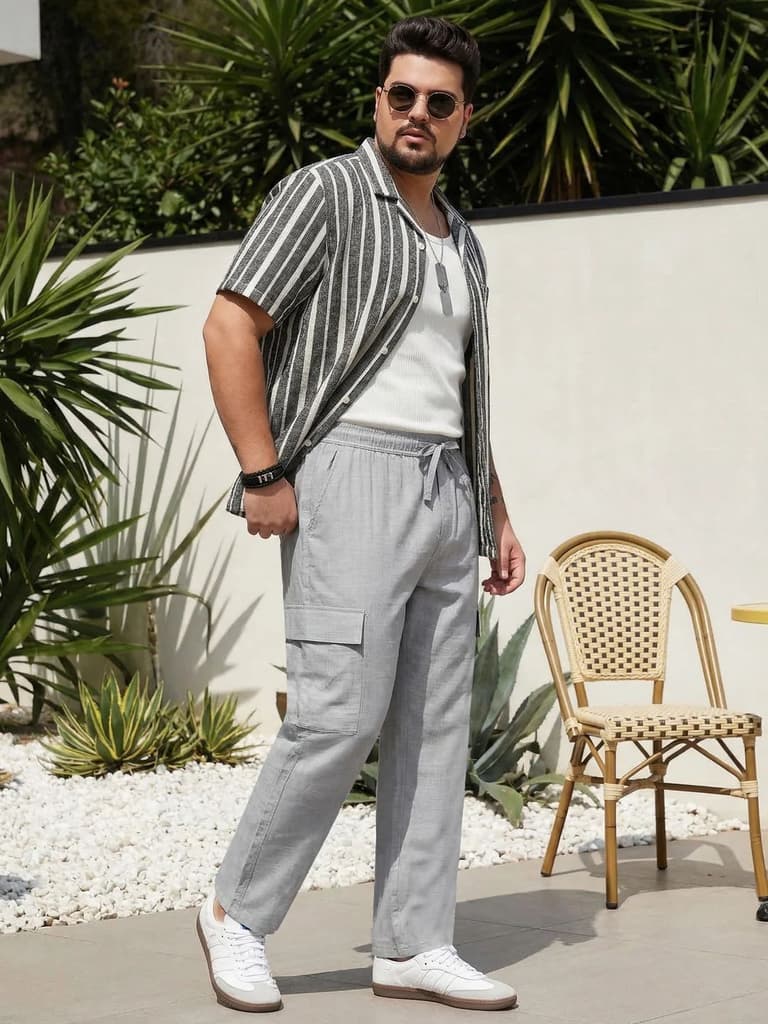 Plus Men's Light Grey Straight Fit Linen Cargo Pants with 6 Pockets — photo 4