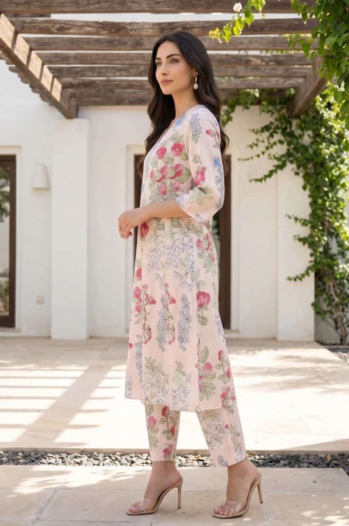 Peach Floral Printed Pure Cotton A-line Kurta — photo 4