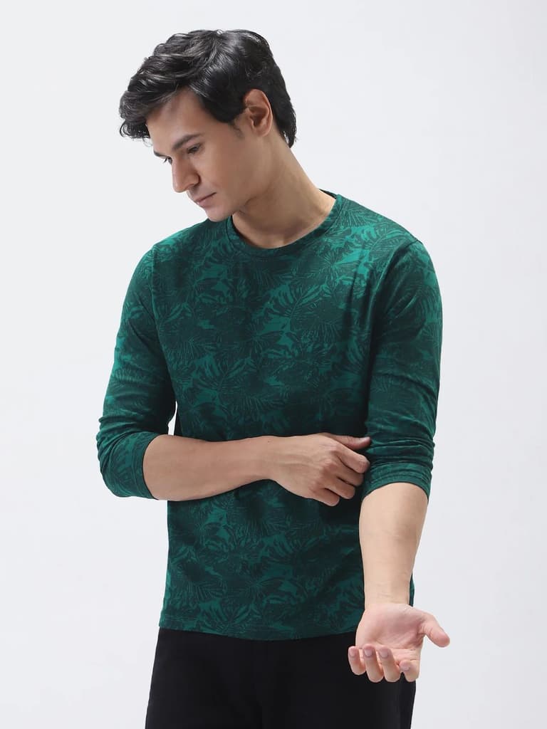Men's Slim Fit Dark Green Printed Full Sleeve T-Shirt — photo 3