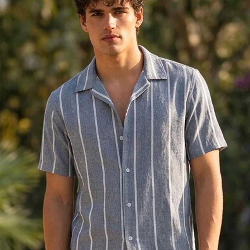 Men's Blue Cotton Half Sleeve Relaxed Fit Linen Striped Shirt with Cuban Collar