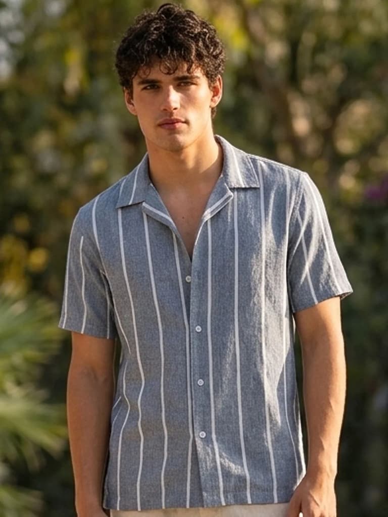 Men's Blue Cotton Half Sleeve Relaxed Fit Linen Striped Shirt with Cuban Collar — S / Blue