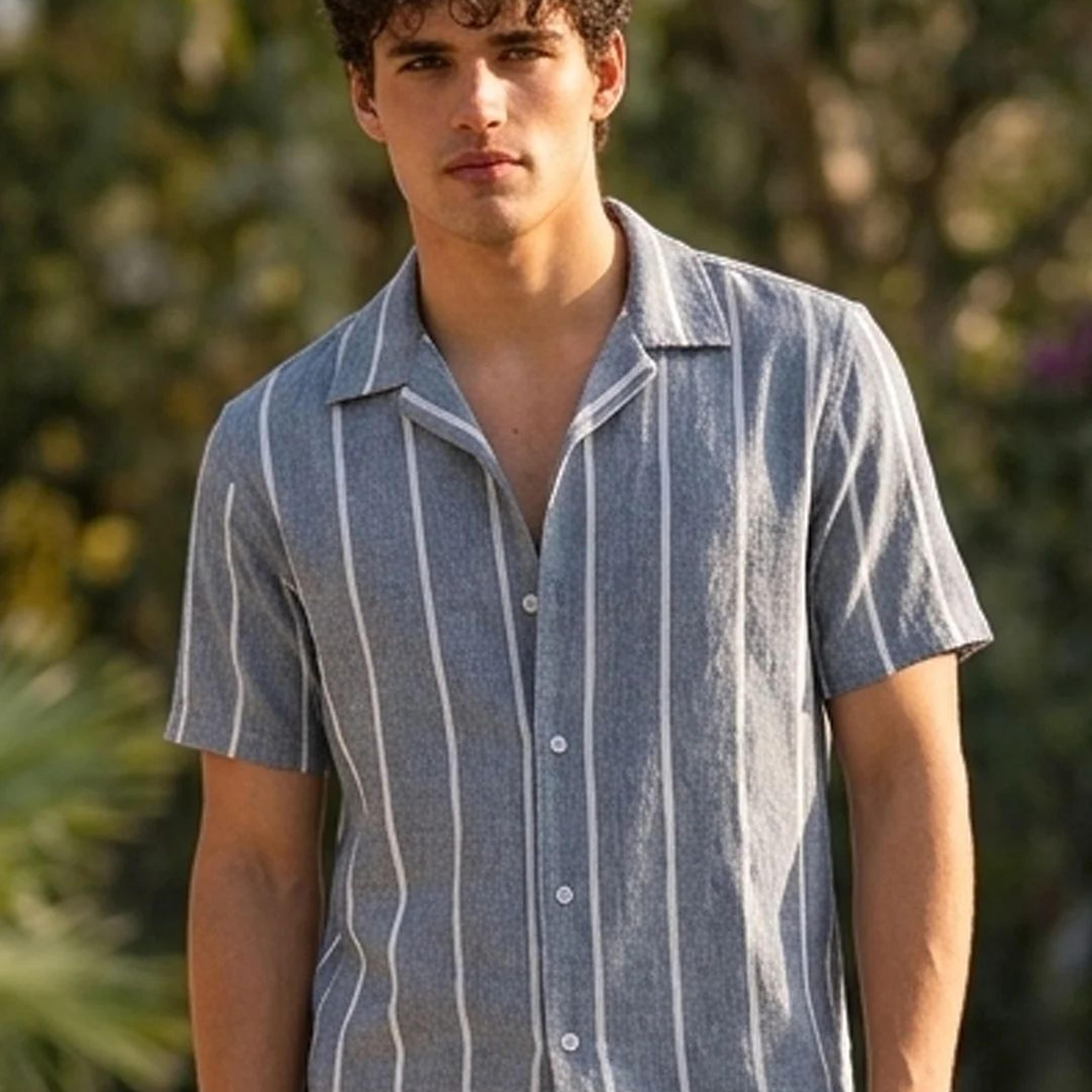 Men's Blue Cotton Half Sleeve Relaxed Fit Linen Striped Shirt with Cuban Collar