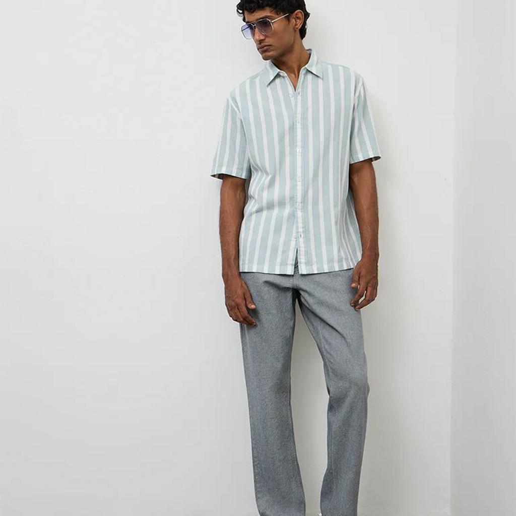 WES Casuals Light Teal Striped Relaxed-Fit Cotton Shirt