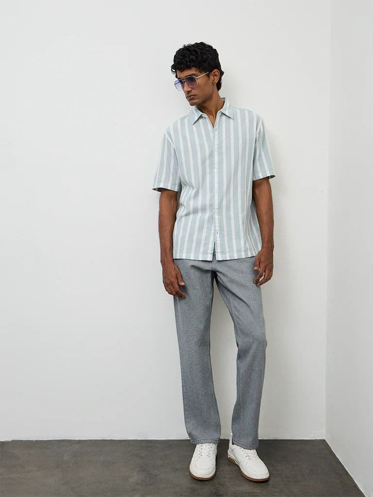 WES Casuals Light Teal Striped Relaxed-Fit Cotton Shirt
