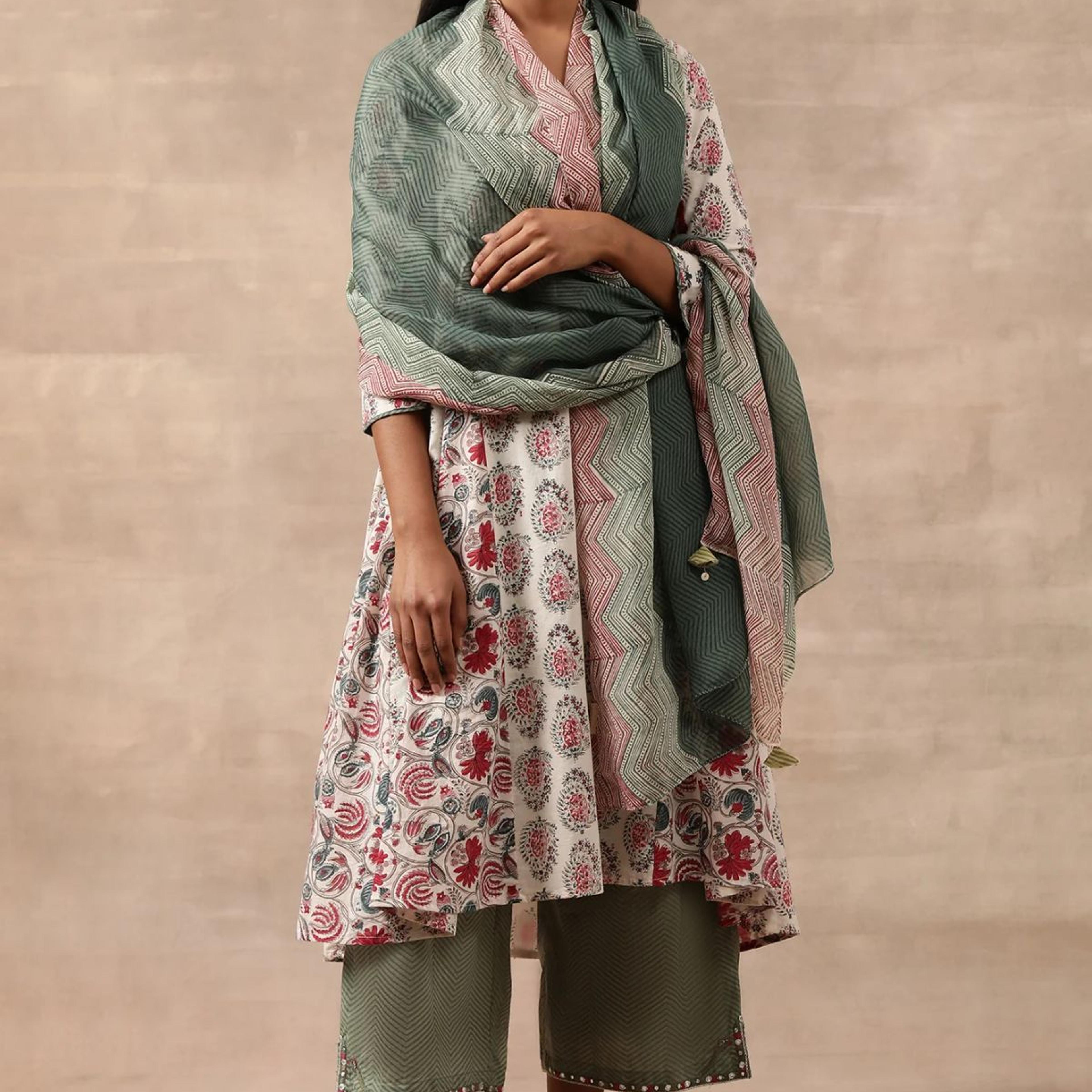 Green Printed Organza Drape