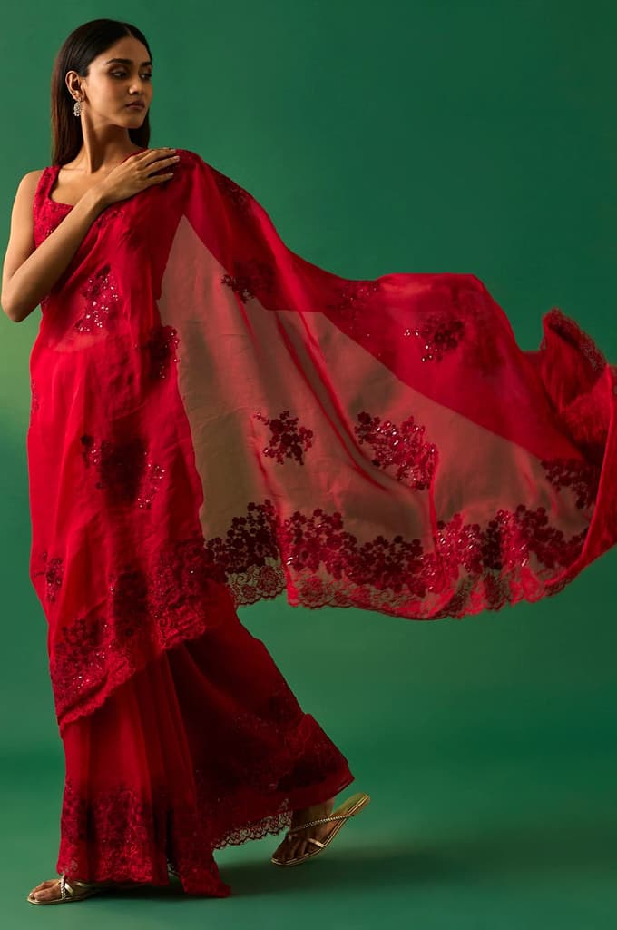 Red Floral Printed Embroidered Sequined Silk Saree with Unstitched Blouse — photo 2