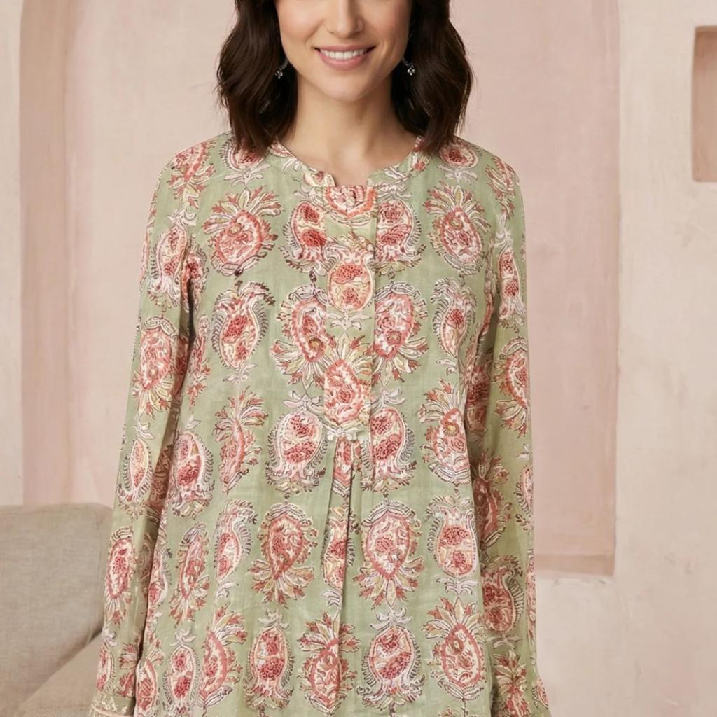 Green Block Floral Printed Pure Cotton A-line Top