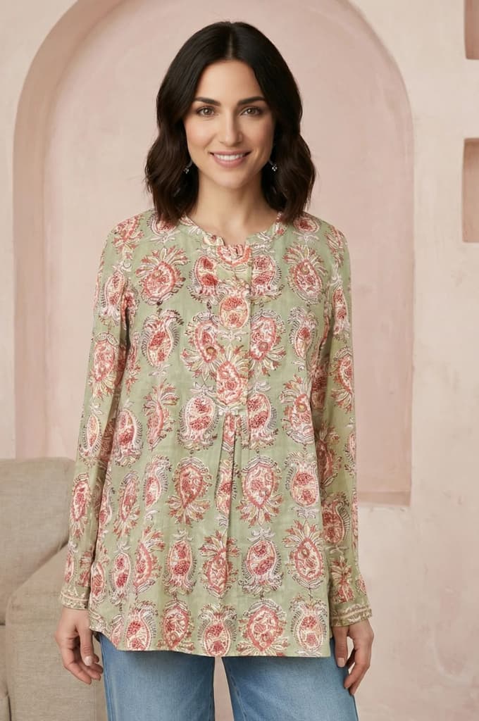 Green Block Floral Printed Pure Cotton A-line Top — XS
