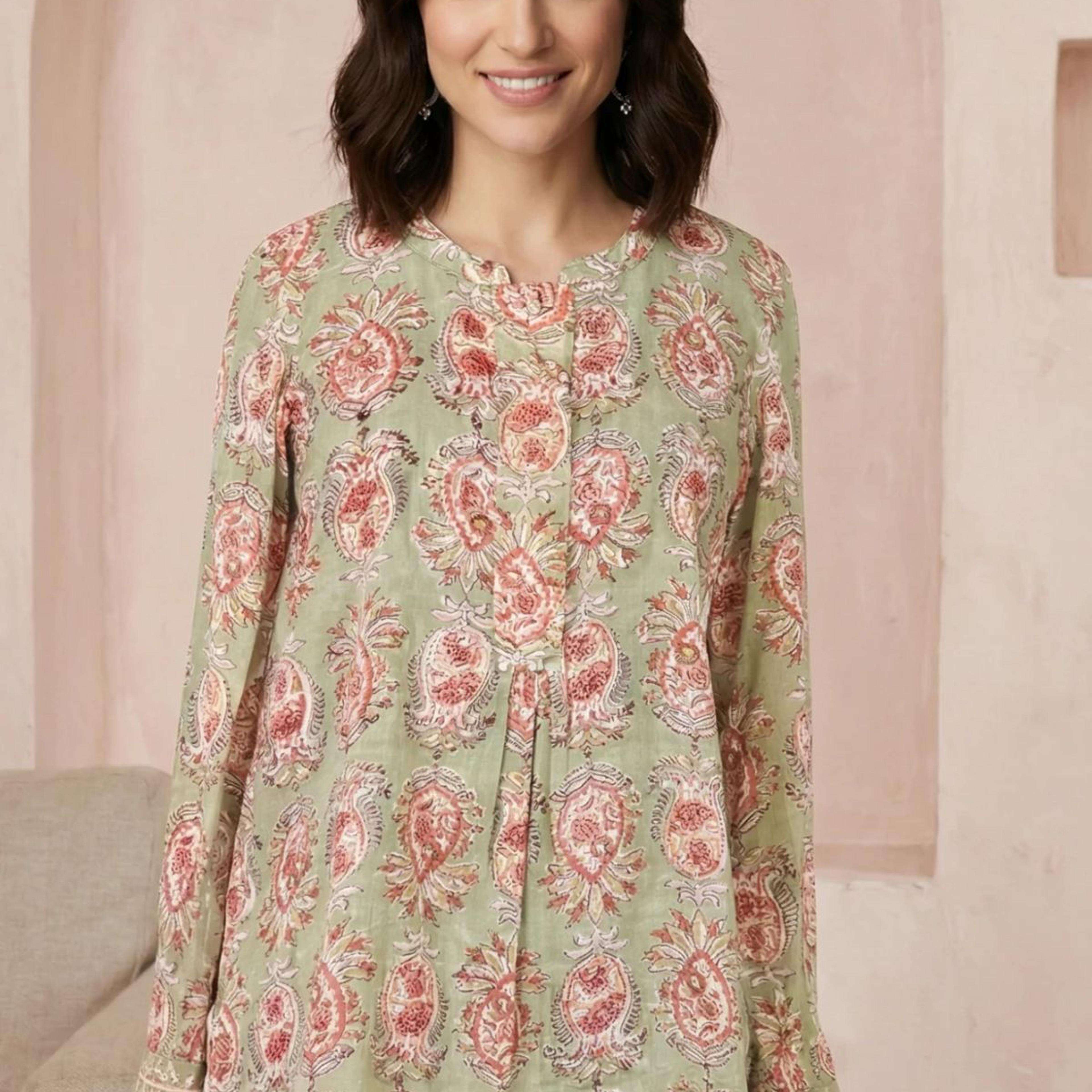 Green Block Floral Printed Pure Cotton A-line Top