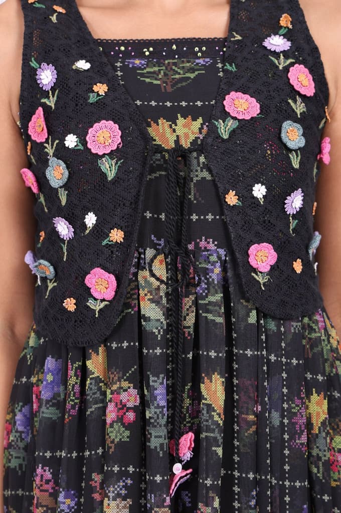 Black Floral Printed Embroidered Fit and Flare Georgette Dress with Waist Coat Set — photo 2