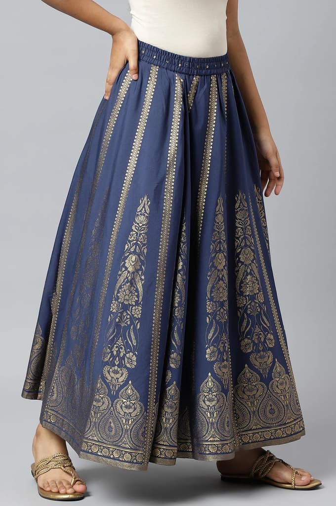 Navy Blue Floral Printed Flared Woven Skirt With Elasticated Waist — photo 3