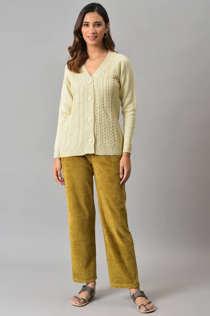 Muted Sage Green Solid Straight Fit Cotton Trousers With Elasticated Waist — photo 5