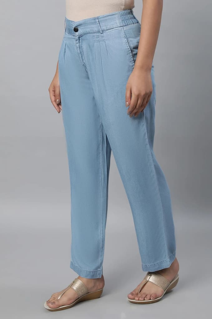Light Blue Solid Straight Fit Denim Palazzo With Pleated Detail — photo 3