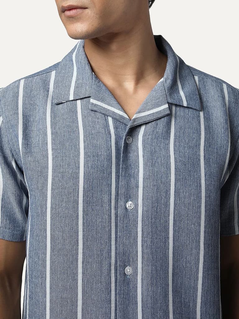 Men's Blue Cotton Half Sleeve Relaxed Fit Linen Striped Shirt with Cuban Collar — photo 6