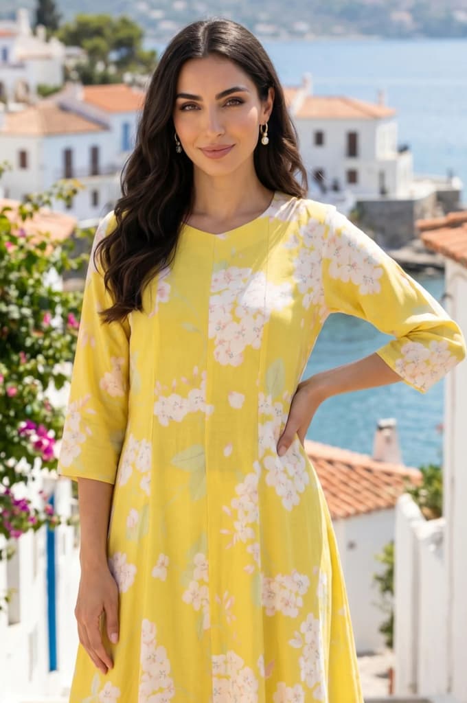 Yellow Floral Printed Cotton Flax Flared Kurta — photo 2