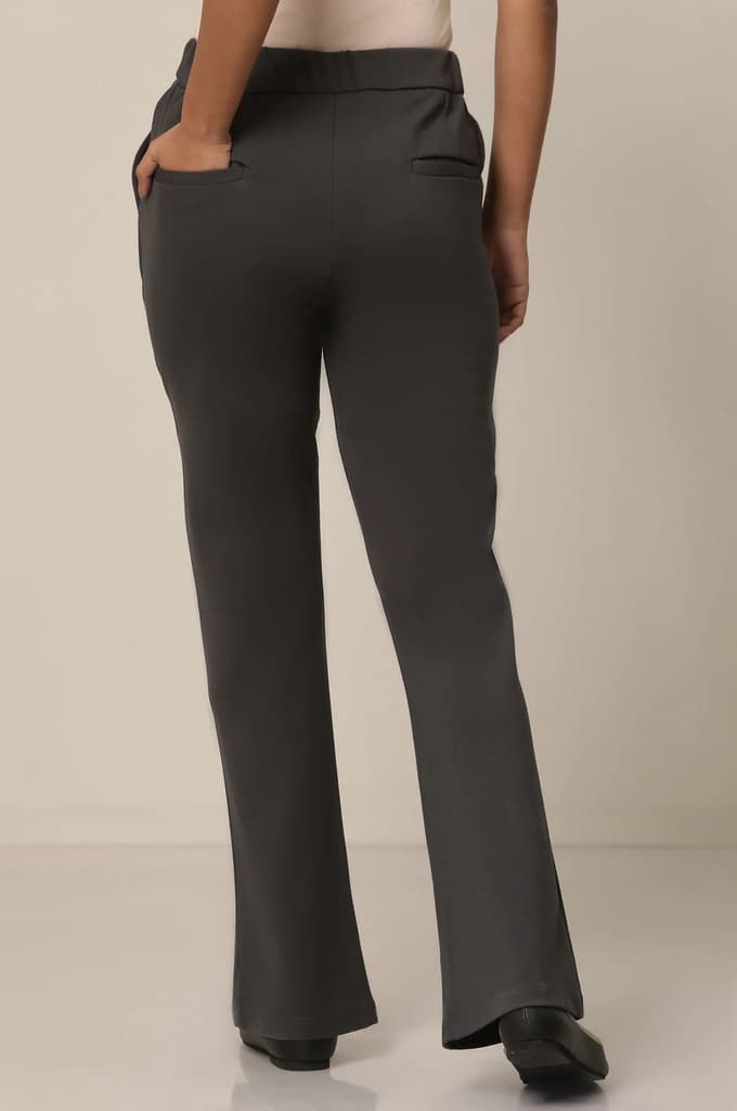 Grey Solid Straight Fit Pants With Button Closure — photo 5