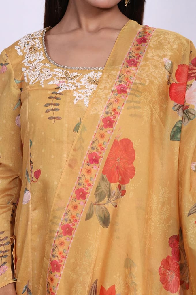 Yellow Floral Printed Anarkali Kurta with Straight Pant and Dupatta Set — photo 2