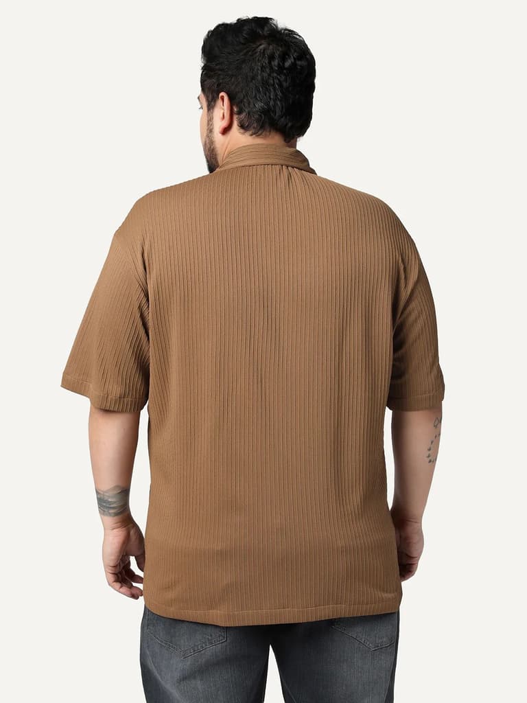 Plus Men's Mocha Cotton Half Sleeve Oversized Fit Textured Shirt with Cuban Collar — photo 3