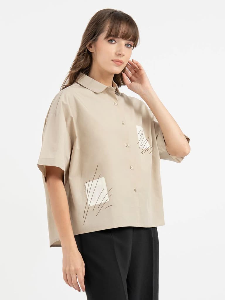 Shirts for Women in Dusty Olive | Embroidered 3/4th Sleeve Shirt — photo 6