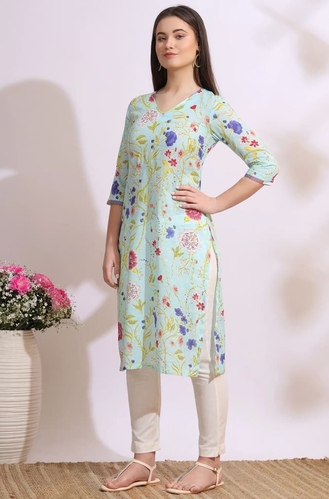 Light Blue Floral Printed Pure Cotton Straight Kurta — photo 5