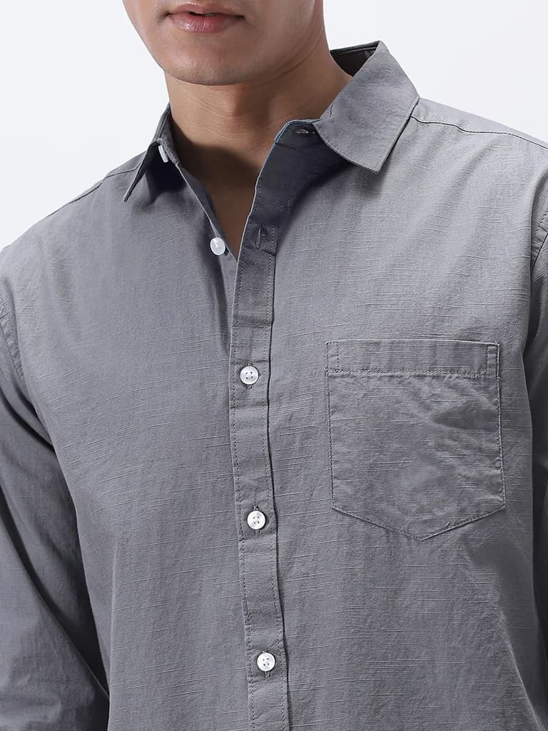 Men's Grey Cotton Full Sleeve Regular Fit Casual Solid Slub Shirt with Spread Collar — photo 5