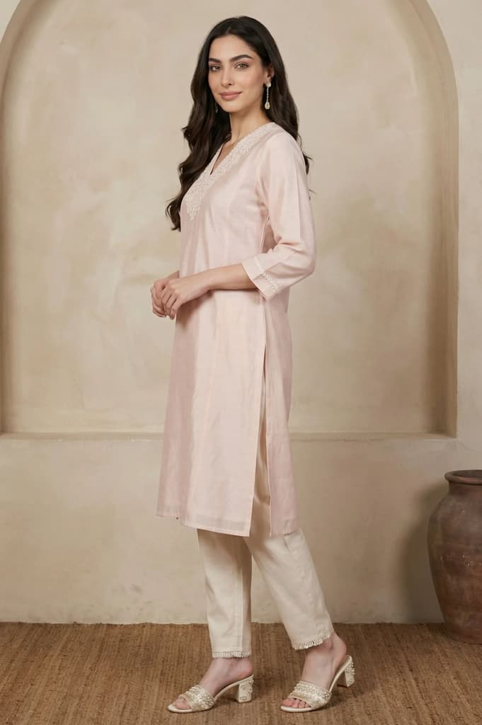 Peach Yarn Dyed Chikankari Embroidered Straight Kurta — photo 4