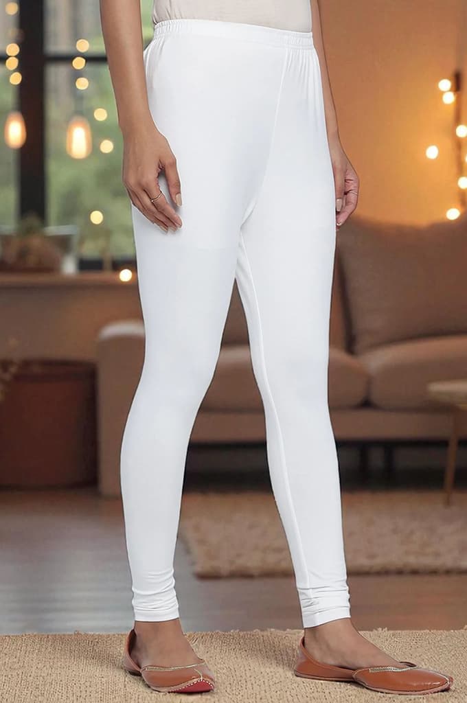 White Solid Cotton Lyrca Tights in Ankle Length — photo 3