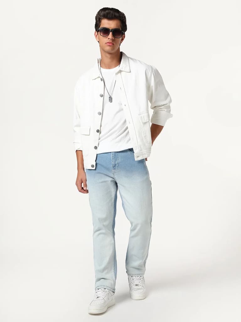 Men's Ice Blue Straight Fit Heavy Washed Faded Denim Jeans Stretchable — photo 5