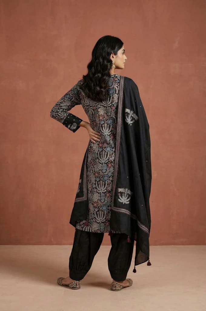 Black Block Printed Floral Satin Straight Kurta with Salwar and Dupatta Set — photo 5