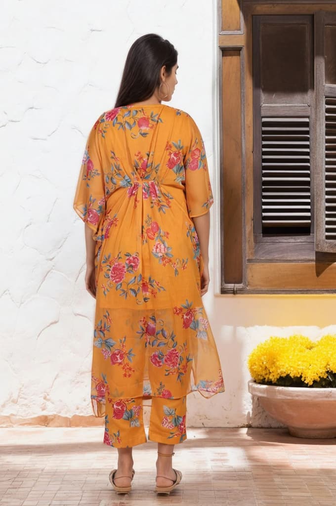 Orange Floral Printed Sequined Flared Chiffon Kaftan with Pant Set — photo 5