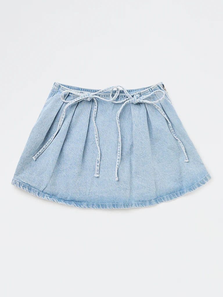 Y&F Kids Girls Light Blue Faded High-Rise Denim Skirt — photo 3