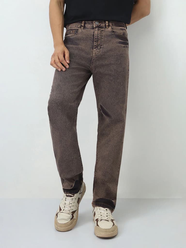 Men's Light Brown Straight Fit Heavy Washed Jeans Stretchable — 28 / Light Brown