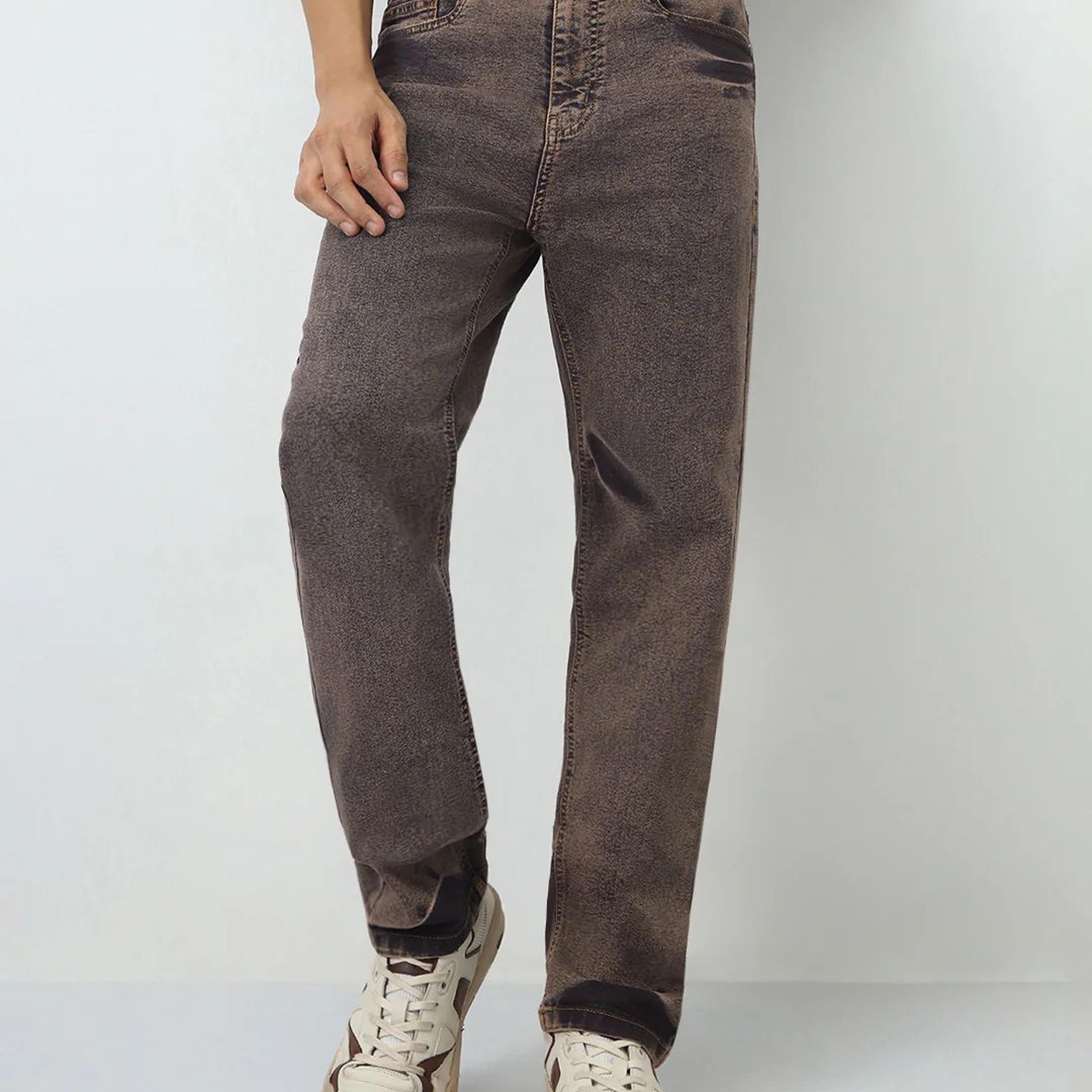 Men's Light Brown Straight Fit Heavy Washed Jeans Stretchable