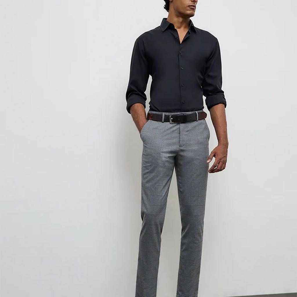 WES Formals Grey Plaid Checkered Slim-Fit Mid-Rise Trousers