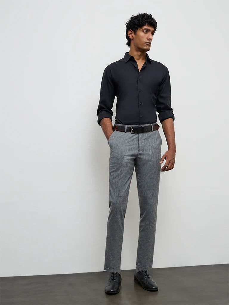 WES Formals Grey Plaid Checkered Slim-Fit Mid-Rise Trousers