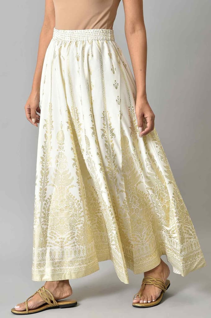 White Floral Printed Flared Woven Skirt With Elasticated Waist — photo 3