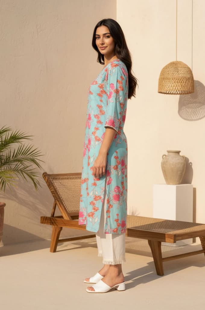 Turquoise Blue Floral Printed Lace Rayon Straight Kurta — photo 3