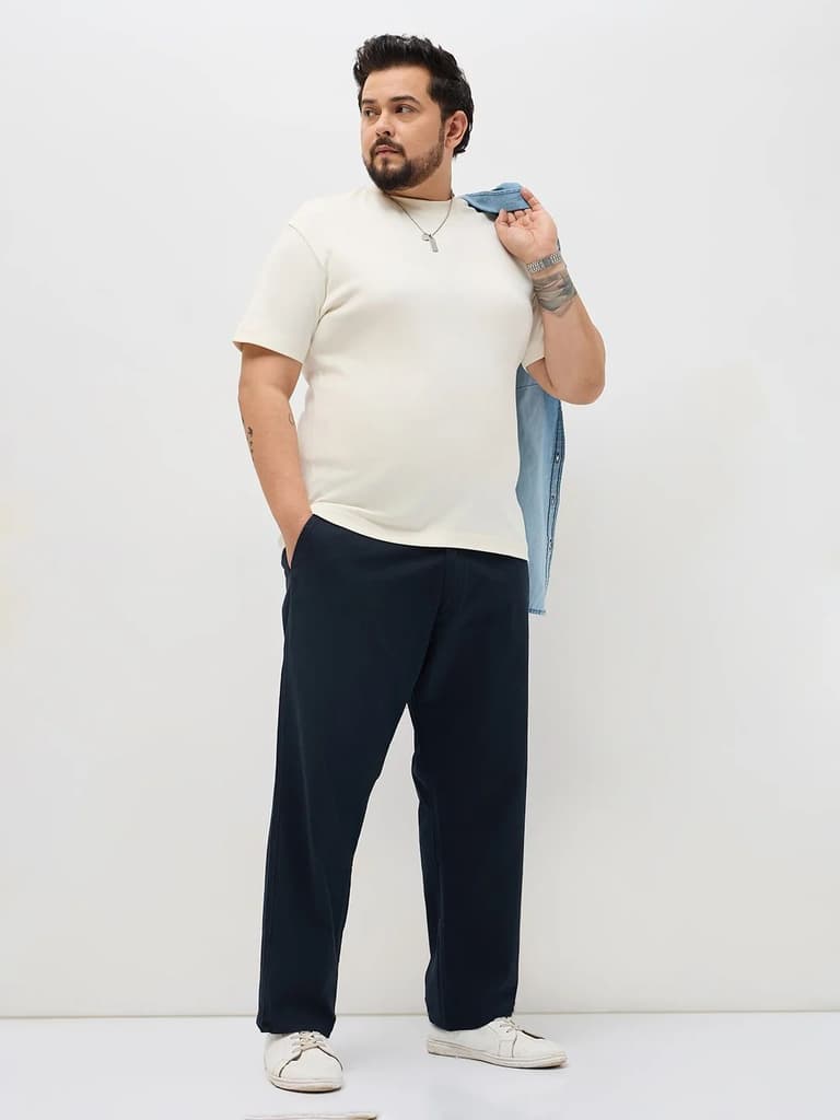 Plus Men's Navy Straight Fit Mid Rise Cotton Casual Chinos Trousers Stretch — photo 4