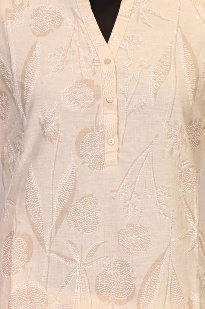 Beige Floral Printed Buttons Cotton Blend Straight Kurta with Pants Set — photo 2