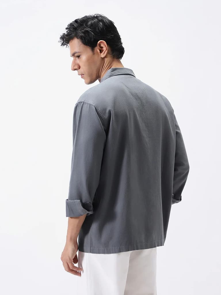 Men's Grey Cotton Full Sleeve Relaxed Fit Shacket with Utility Pockets — photo 4