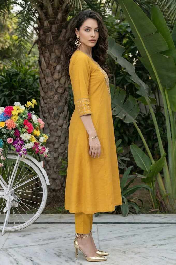 Mustard Embroidered A-Line Rayon Kurta — photo 6