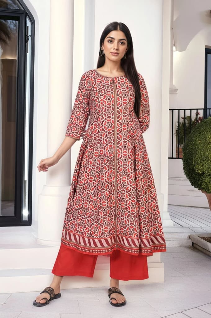 Red Geometric Printed Anarkali Cotton Kurta with Parallel Pant Set — photo 2