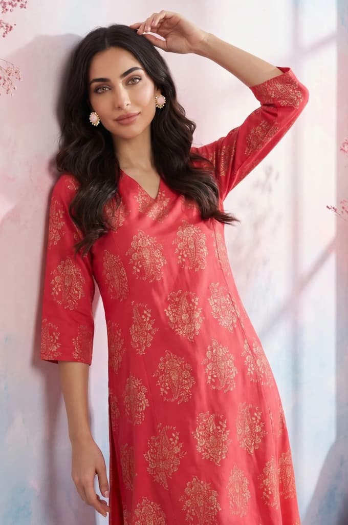 Red Foil Floral Printed Pure Cotton Flared Kurta — photo 2